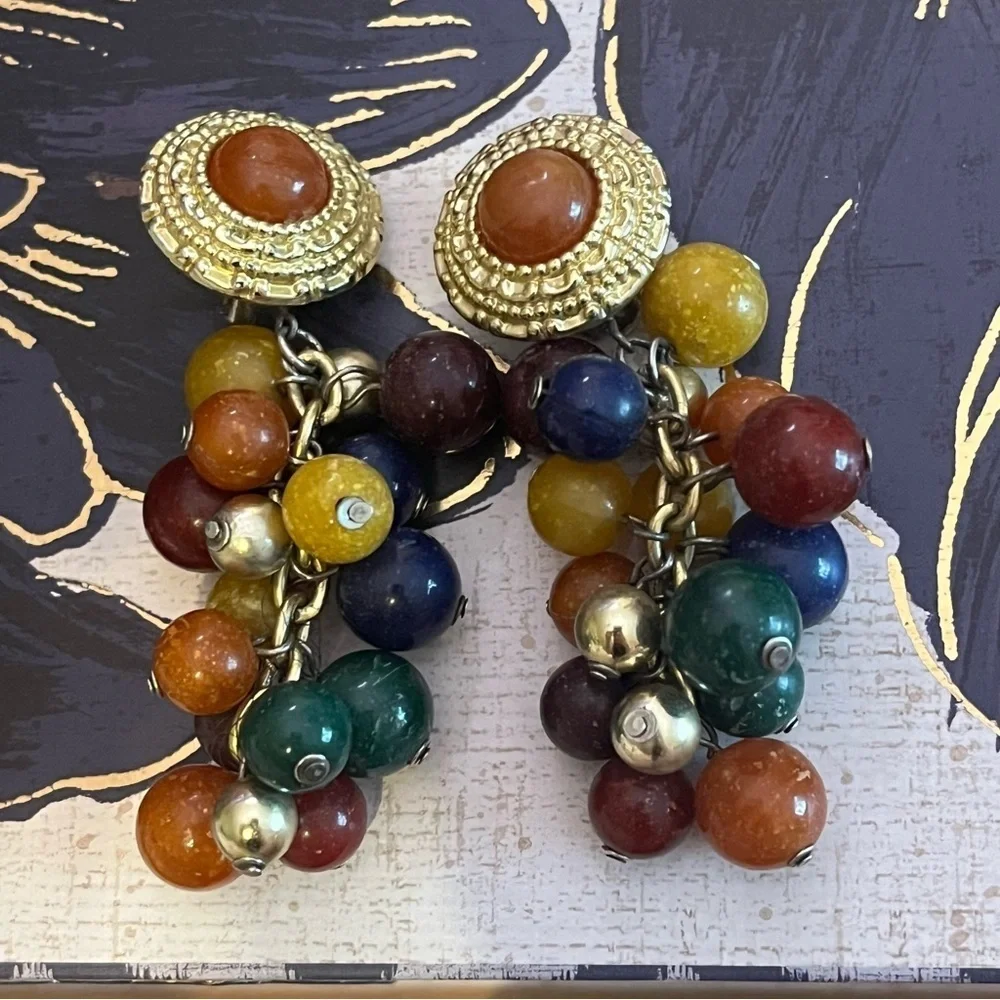 Vintage 80s Chunky Beaded BOLD Acrylic Clip On Earrings Gold and Jewel Tones